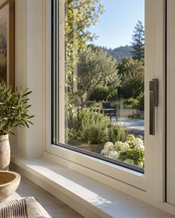 Close view of a modern window frame seen from inside