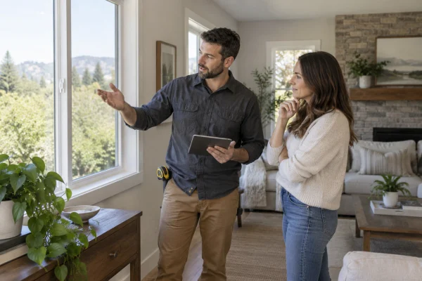 Two people discussing a window in a living room