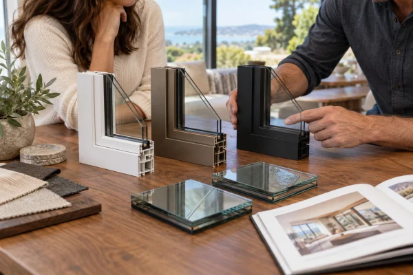 Window frame samples in white, bronze and black with glass samples