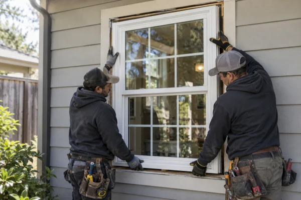 Two installers fitting a new white window into a wall