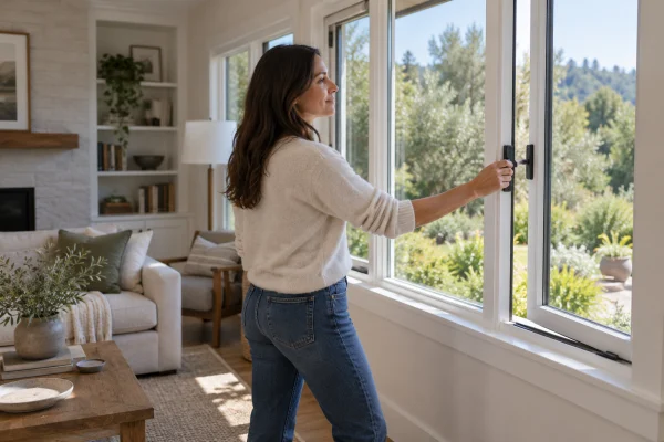 Woman opening a new casement window in a living room