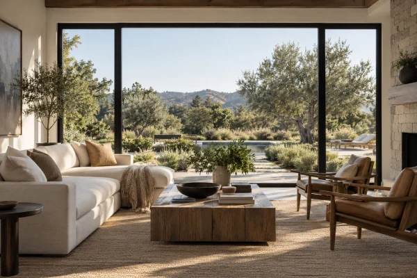 Large black-framed picture window looking onto a garden