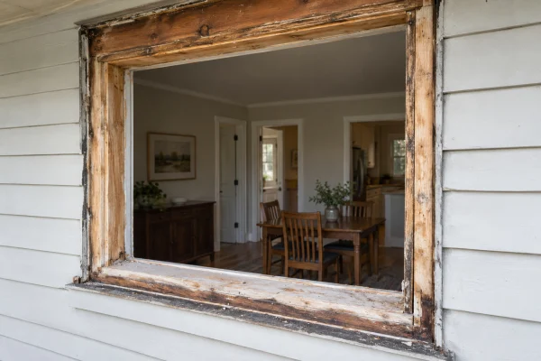 Old window removed, leaving the wall opening and worn sill