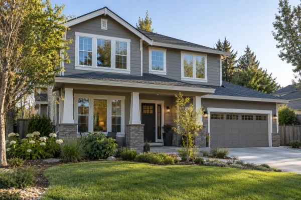 Two-story house with new white-framed windows and a lawn