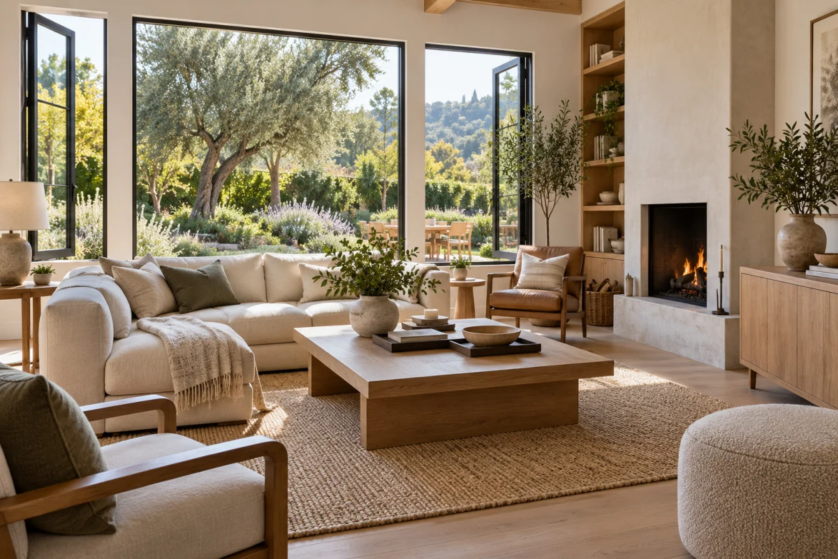 Living room with large windows, a fireplace and a garden view
