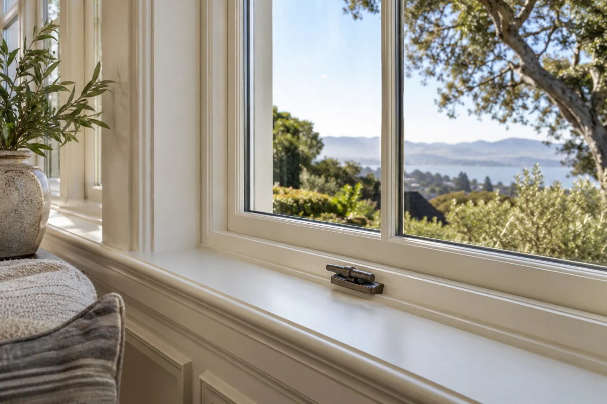 Window sill and cream casing with a view of trees