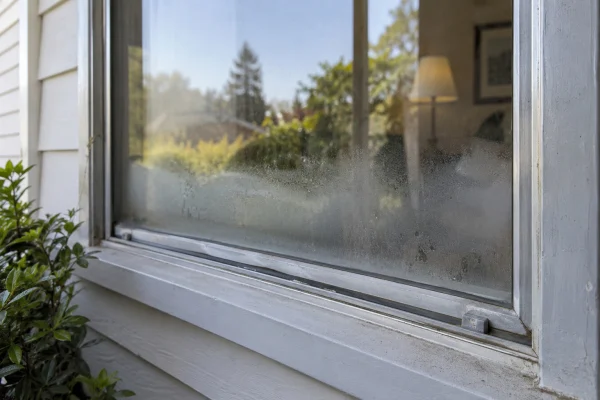 Old aluminum window with fogging between the panes