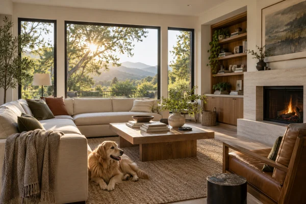 Family room with large windows, a fireplace and a dog on the rug