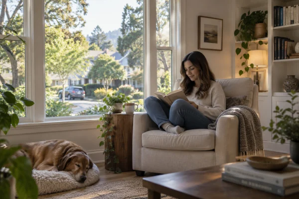 Woman reading in an armchair beside a large window