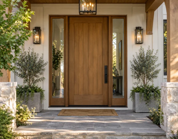 Wood front door with glass sidelights on a stone porch