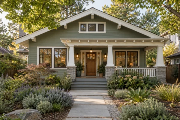 Craftsman house with green lap siding and a front garden