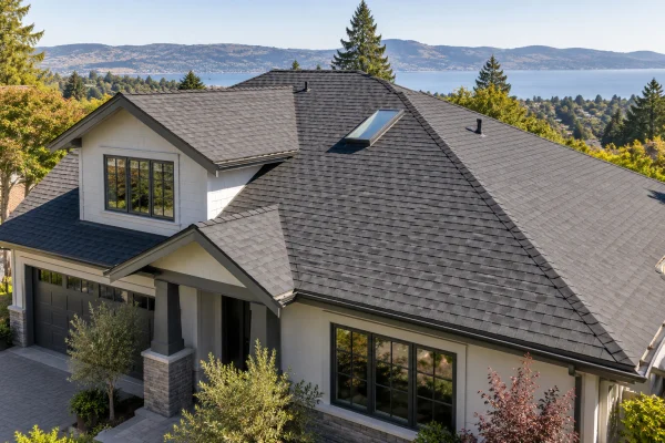 Two-story house with a graphite shingle roof and a skylight