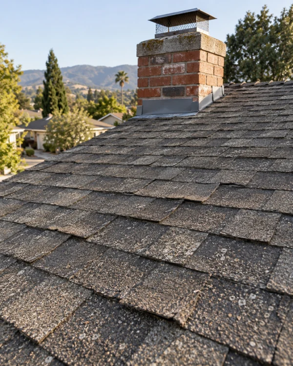 Aging asphalt shingle roof with a brick chimney