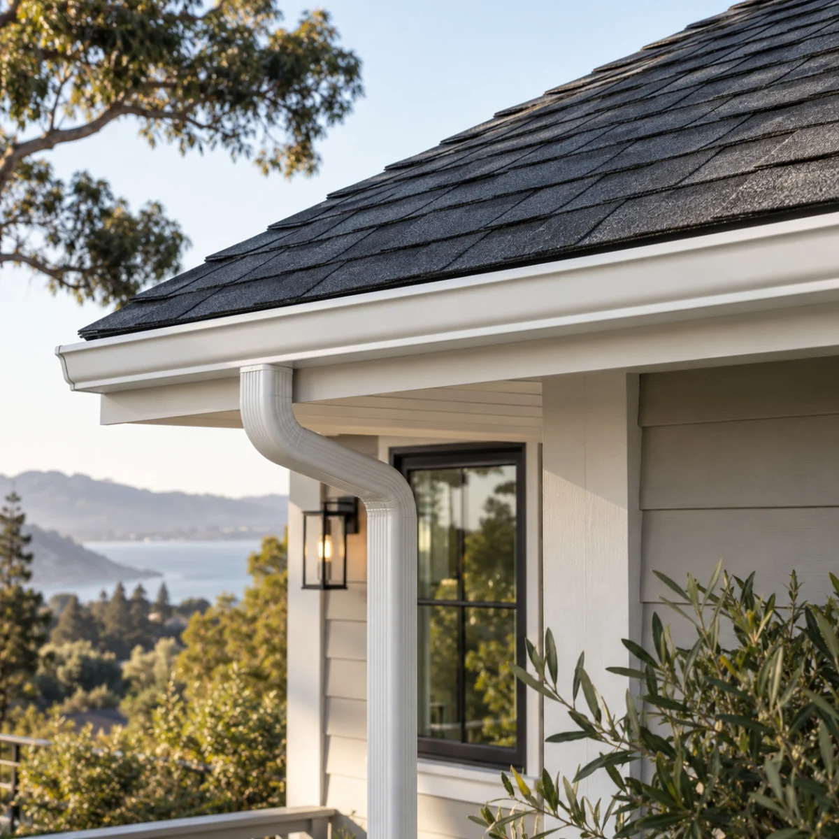 Charcoal shingle roof edge with a white gutter