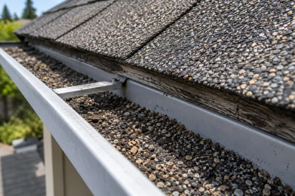 Shingle granules collected in a metal rain gutter