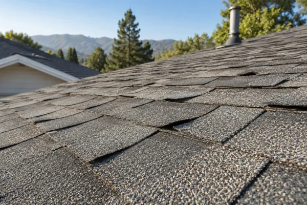 Worn asphalt shingles with curling edges