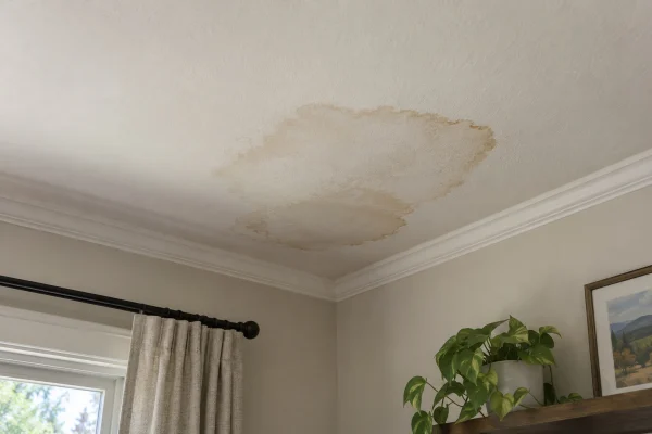 Water stain on a living room ceiling near a corner