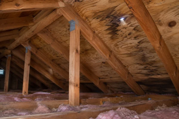 Attic with roof decking stained by moisture
