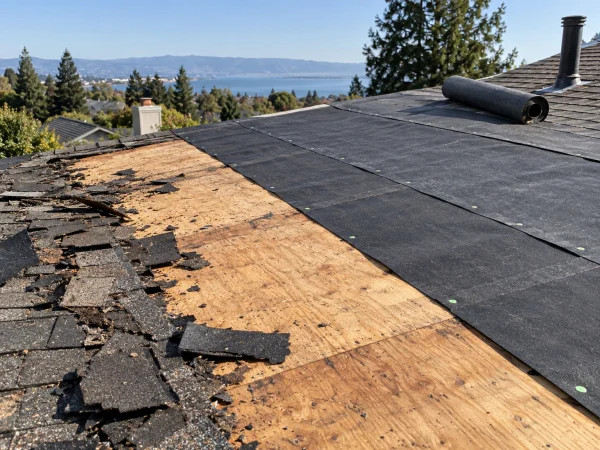 Roof replacement in progress with old shingles stripped