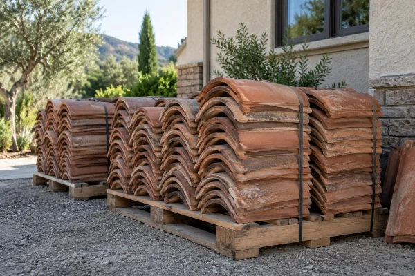 Stacks of clay roof tiles on pallets beside a house