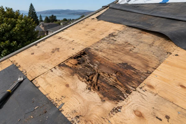Damaged roof decking exposed after shingle removal
