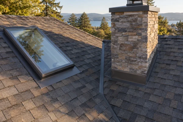 New shingle roof with a skylight and stone chimney