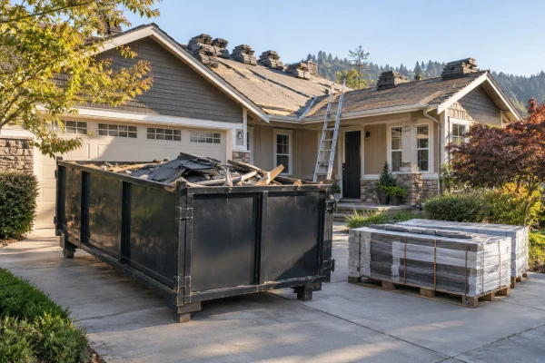 Debris bin and shingle bundles in a driveway during a reroof