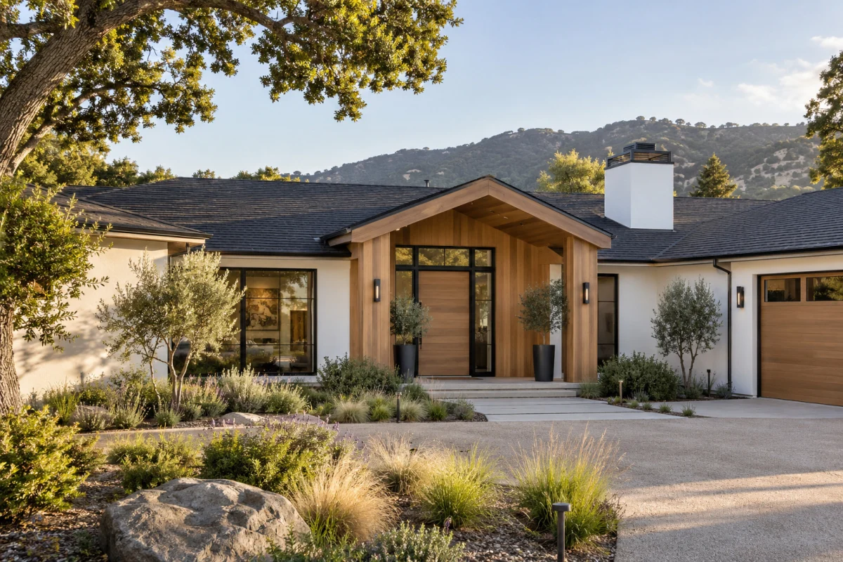 Modern single-story house with a graphite shingle roof