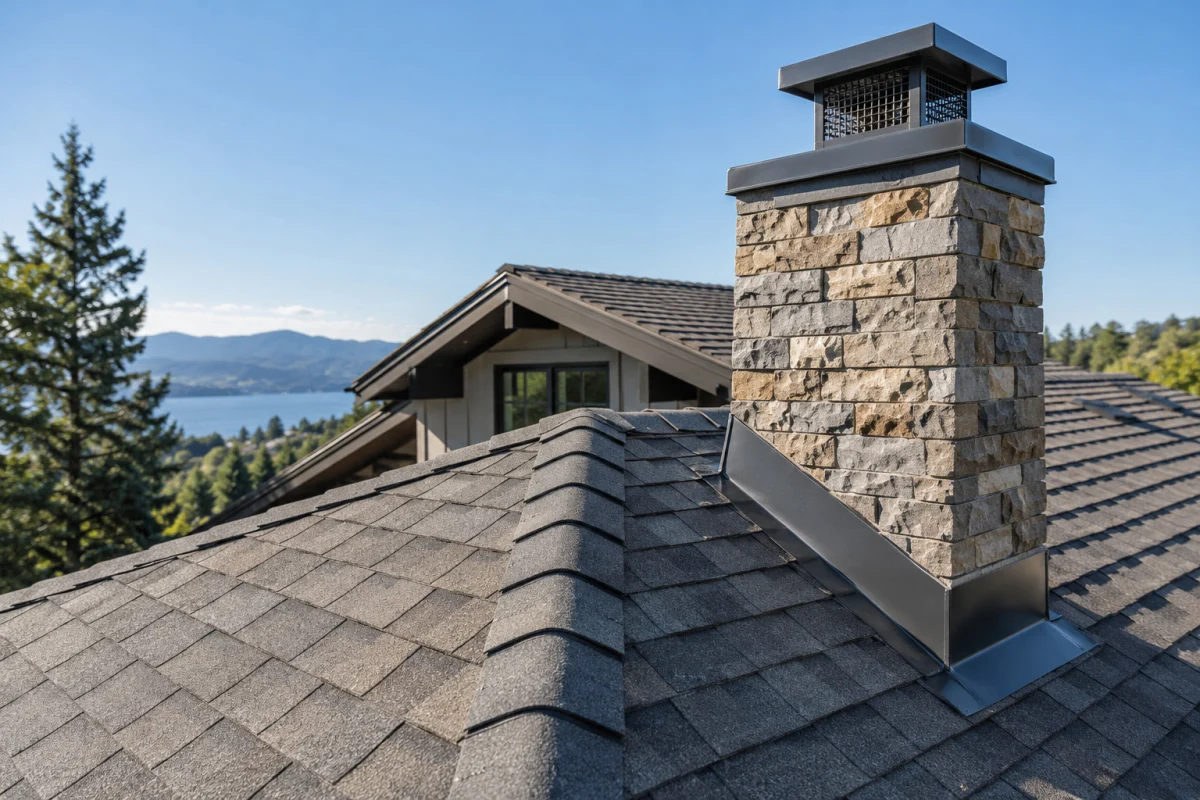 Roof ridge and chimney flashing on a new shingle roof