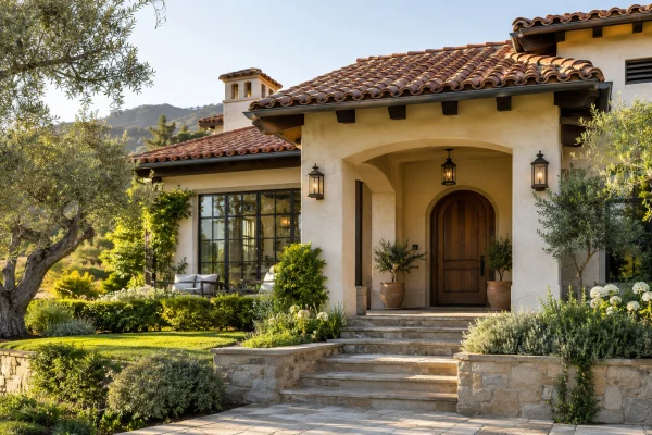 Stucco house with a clay tile roof and an arched entry