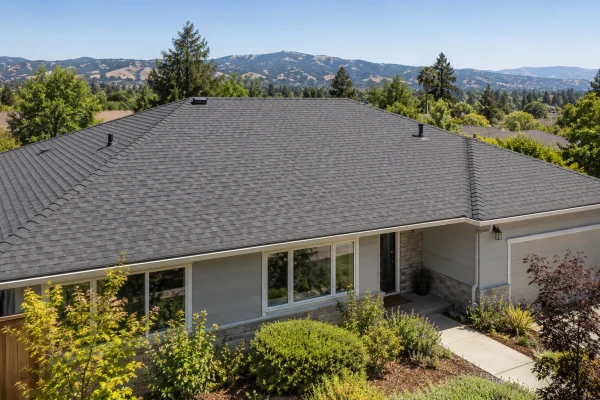 Single-story house with a new graphite shingle roof