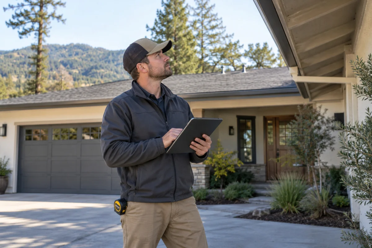 Man with a tablet looking up at a roof edge from a driveway
