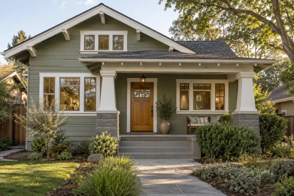 Craftsman house with sage lap siding and a wood front door