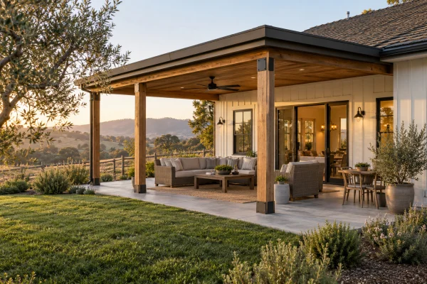 Attached patio cover with wood posts over outdoor seating