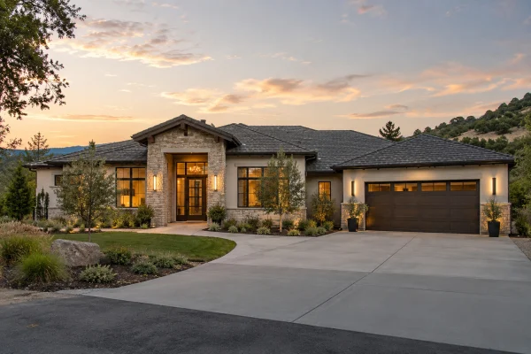 Stone and stucco single-story house with a long driveway at dusk