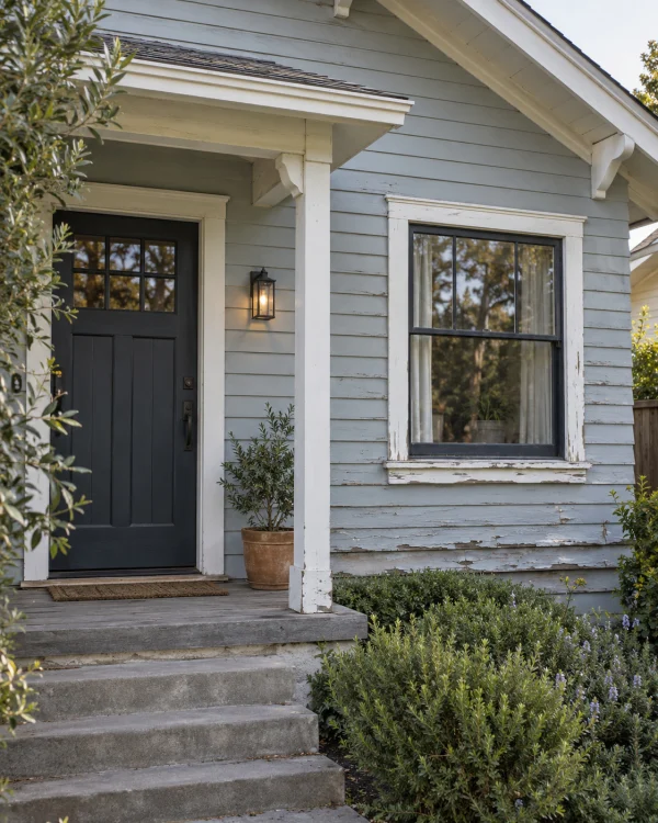 Gray lap siding and window trim around a dark front door