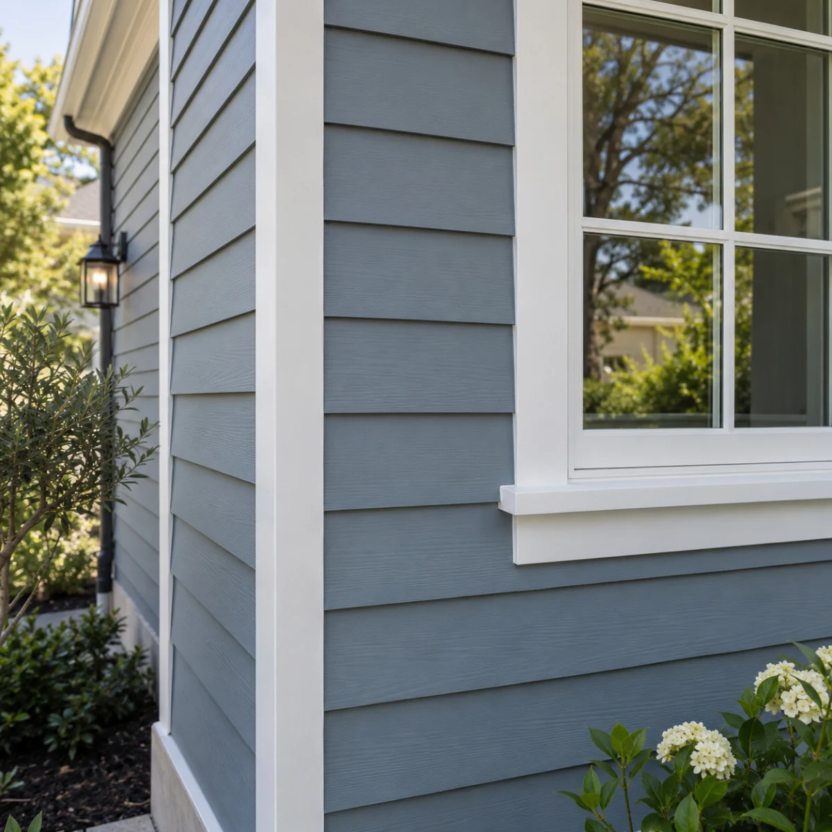 Blue-gray lap siding meeting a white-trimmed window