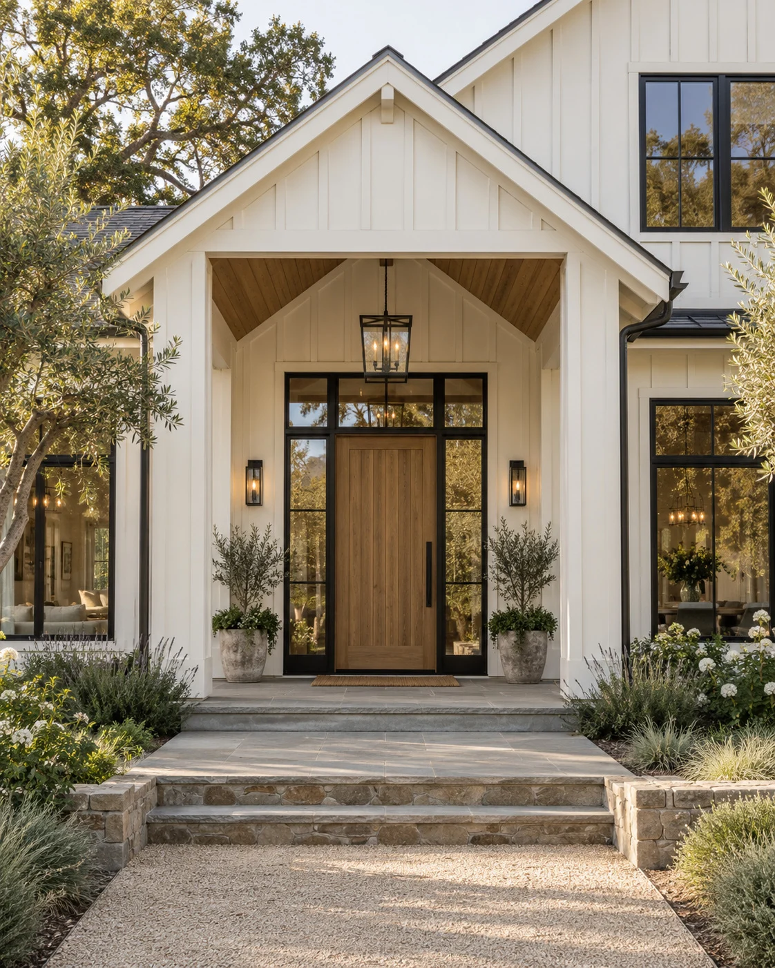 Farmhouse entry with ivory board-and-batten siding