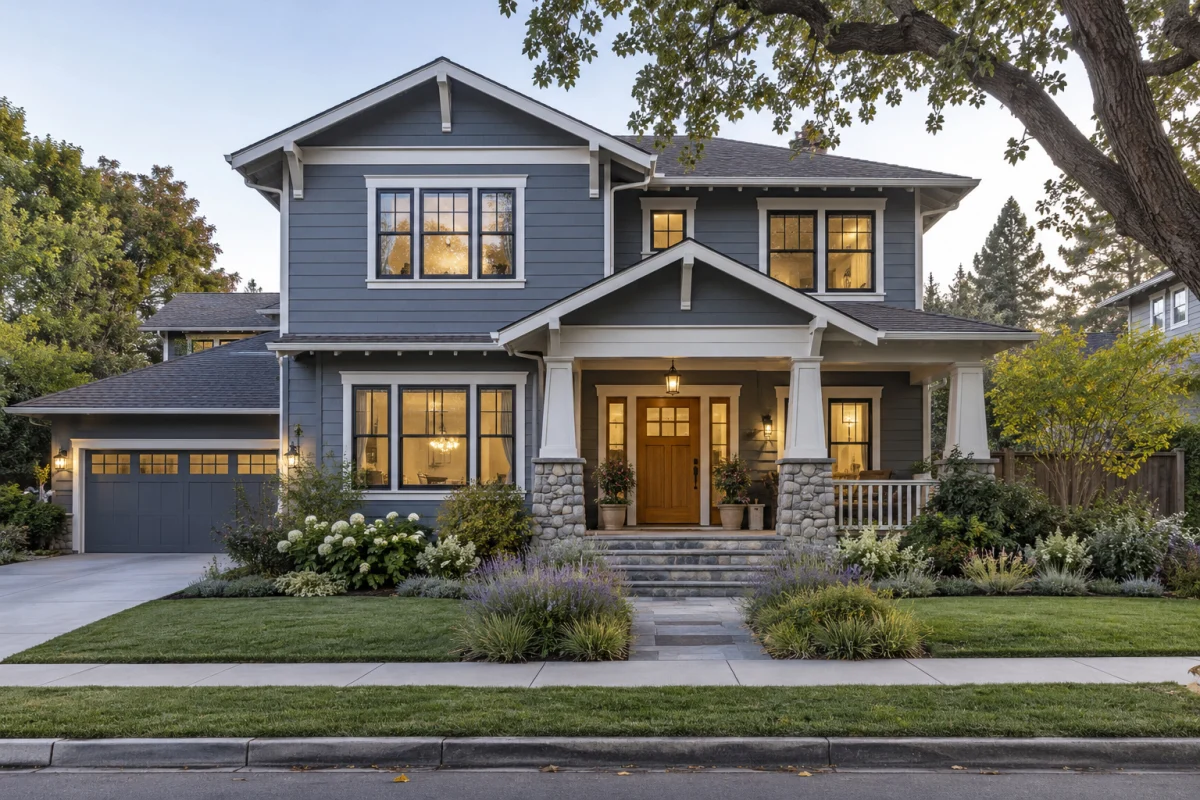 Two-story craftsman house with blue-gray lap siding and white trim