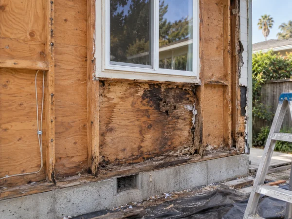 Wall with siding removed, showing water damage under a window