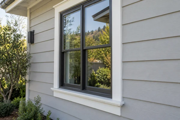 Light gray lap siding around a black-framed window
