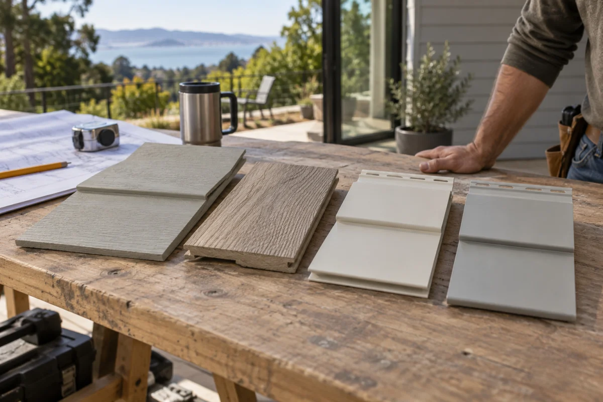 Four siding samples laid out on a workbench