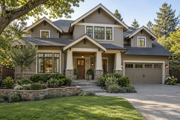Two-story craftsman house with taupe siding and several gables