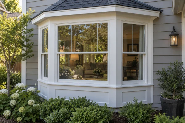 Bay window with white trim and gray lap siding
