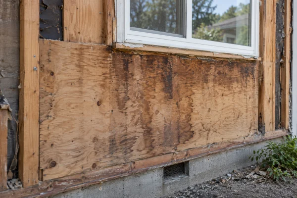 Exposed wall sheathing with moisture stains below a window