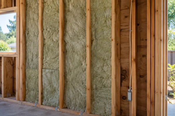 Mineral wool insulation fitted between wall studs