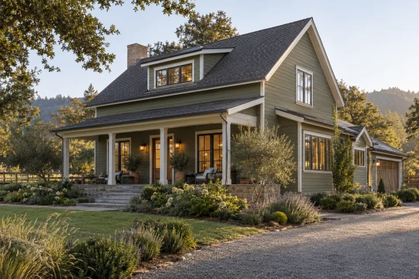 Two-story farmhouse with olive lap siding and a dormer