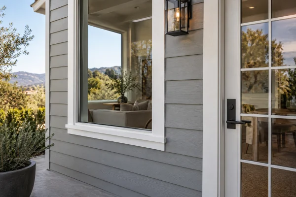 Gray lap siding meeting white window and door trim
