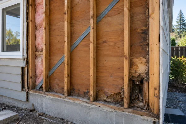 Wall opened during re-siding, showing studs and a damaged corner