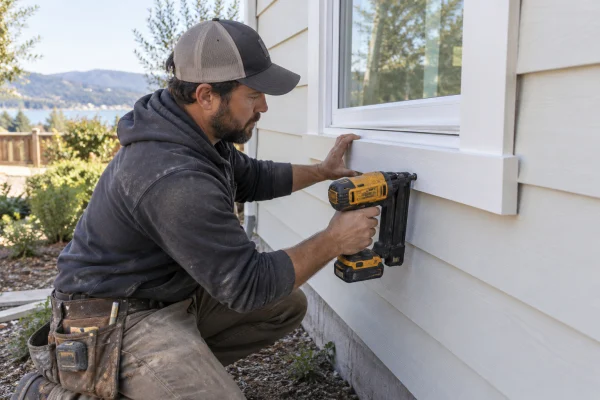 Carpenter fastening white window trim against new siding